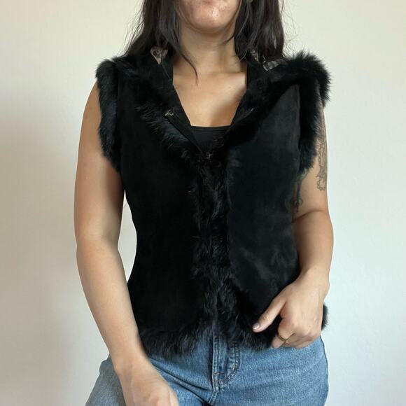 Vintage‎ 90s Georgiou Studios Leather Vest with Real Fur Trim and hood - Picture 1 of 12